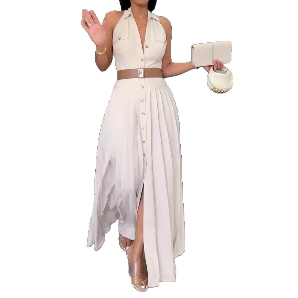 Damen Elegantes Maxikleid mit tiefem V-Ausschnitt und schmeichelndem Taillengürtel EB