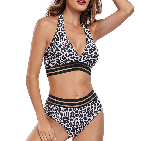 Damen Hochtailliertes Bikini-Set mit sportlichem Crop-Top und grafischem Muster EB