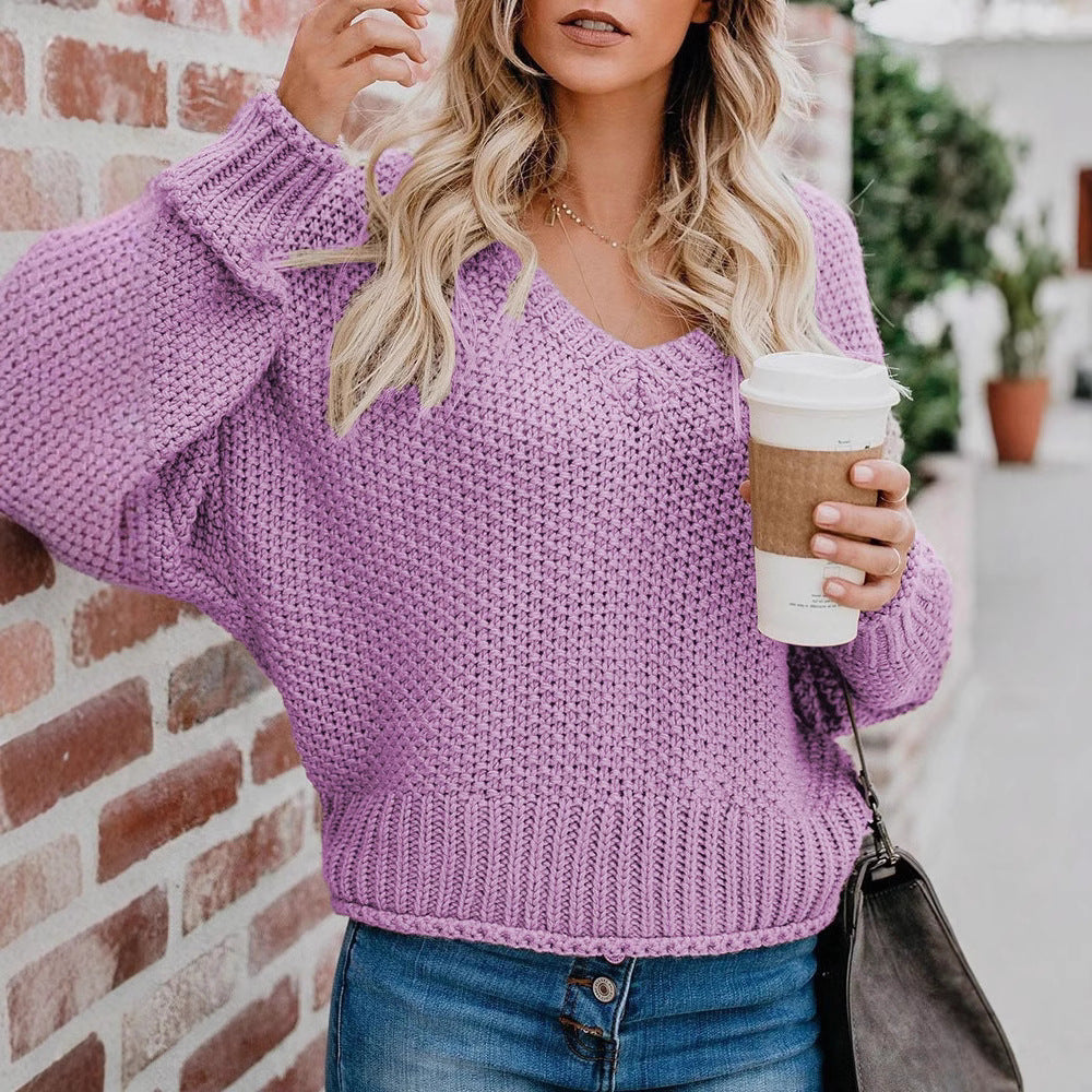Damen Grobstrickpullover mit V-Ausschnitt und lässiger Passform EB