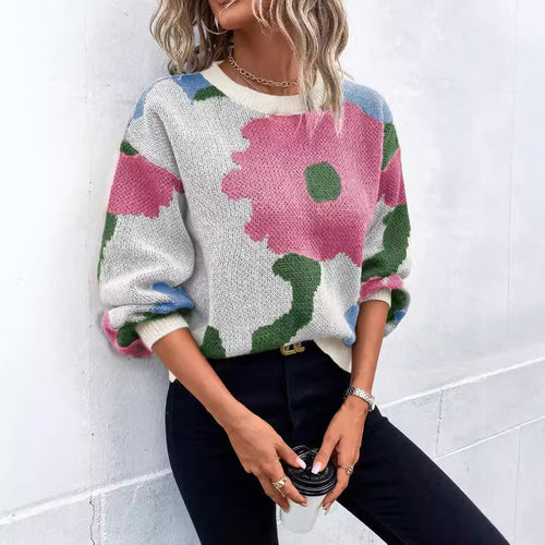 Damen modischer Pullover mit floralem Muster und weiten Ärmeln EB