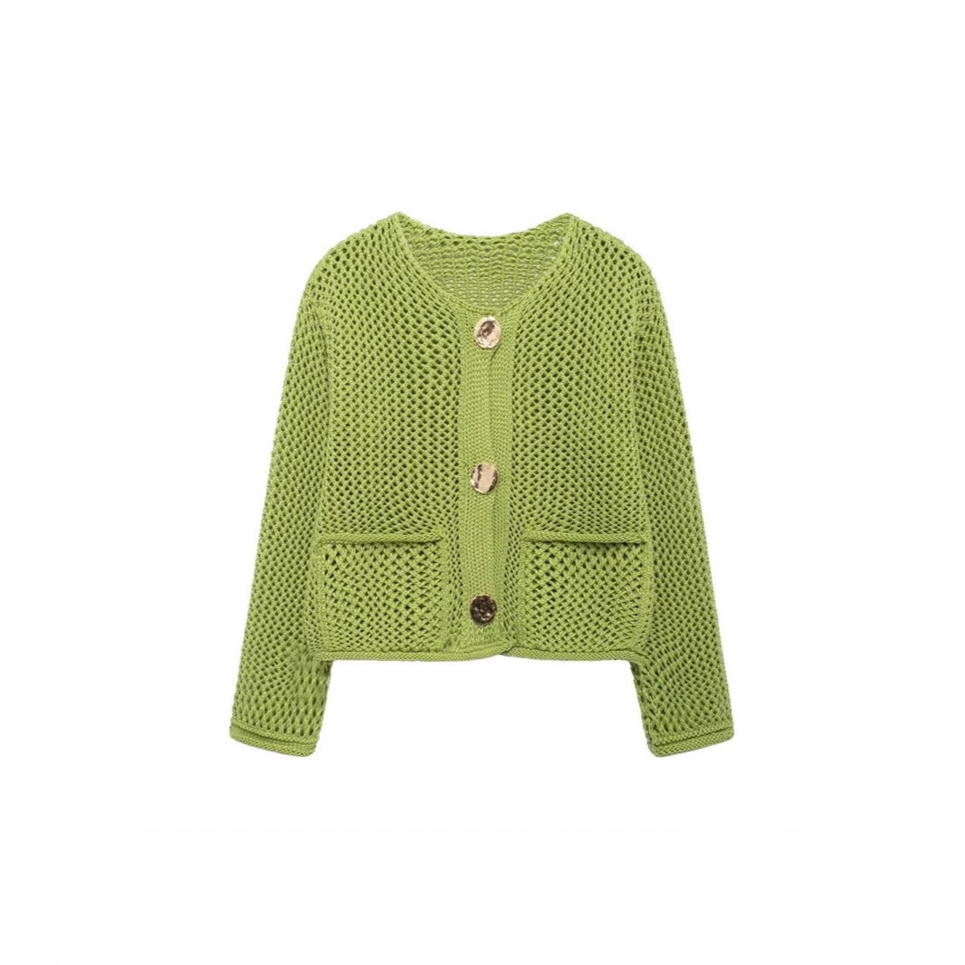 Damen luftige Strickjacke mit durchbrochenem Muster und praktischen Taschen EB