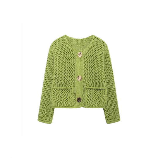 Damen luftige Strickjacke mit durchbrochenem Muster und praktischen Taschen EB