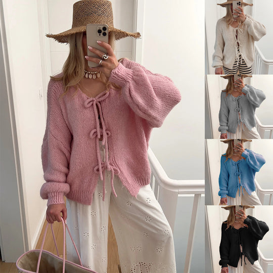 Damen Kuscheliger Strickcardigan mit dekorativen Bindebändern EB