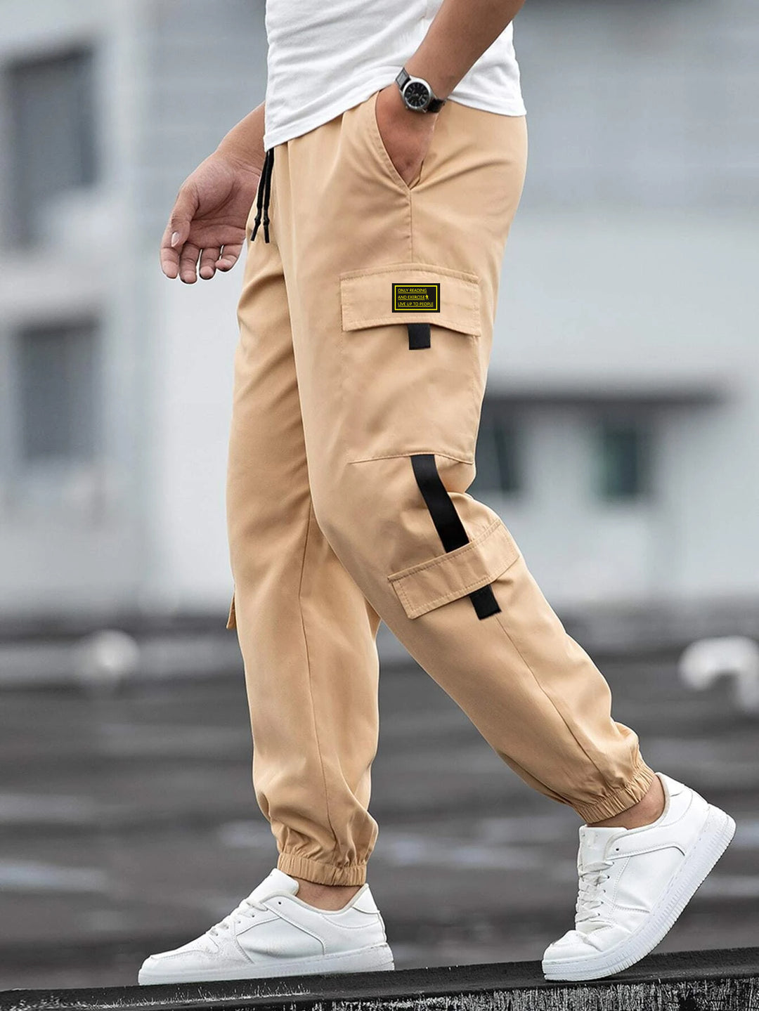Herren nan modische Cargo-Joggerhose mit elastischem Bund, Kordelzug und mehreren Sicherheits- und Klappentaschen EB