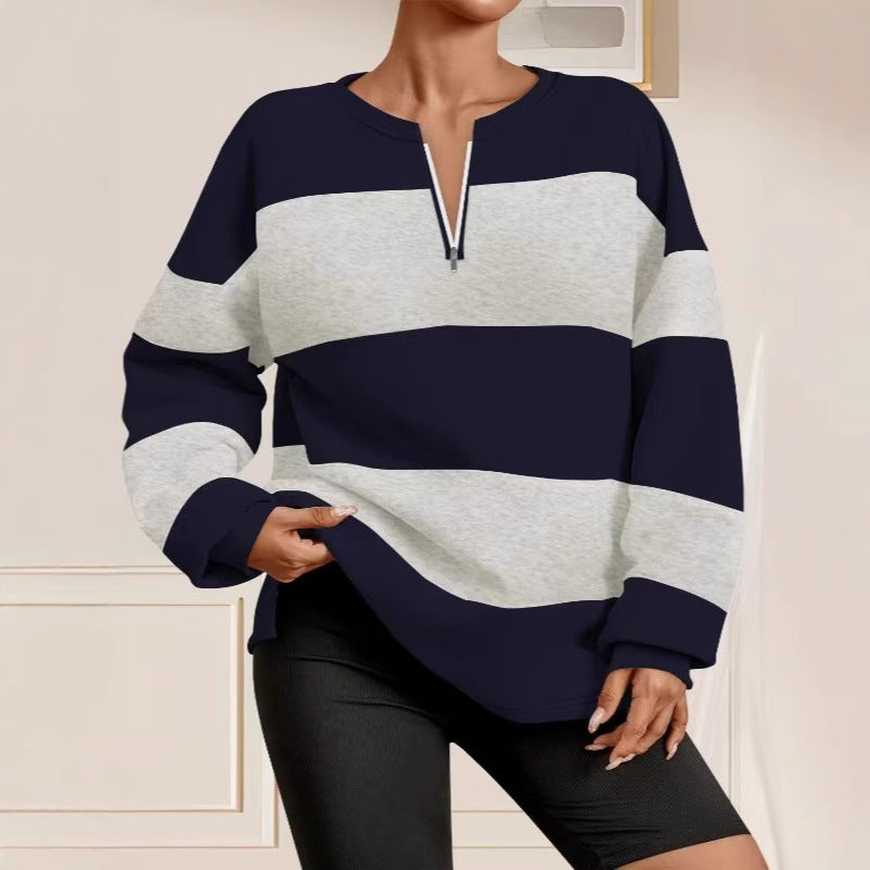 Damen modischer Sweatpullover mit Reißverschluss und gestreiftem Design EB