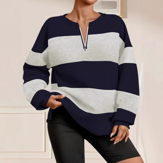 Damen modischer Sweatpullover mit Reißverschluss und gestreiftem Design EB