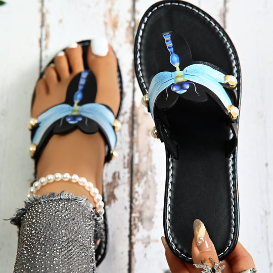Damen Mode-Zehentrenner-Sandalen mit floralem Design und eleganten Perlenakzenten EB