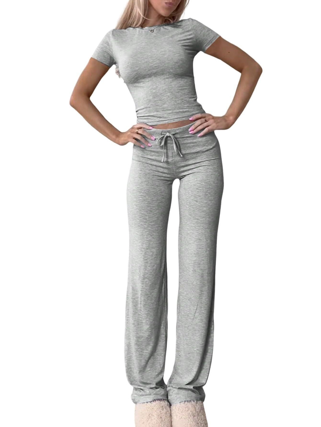 Damen lässiges Lounge-Set mit figurbetontem Oberteil und bequemer Hose EB