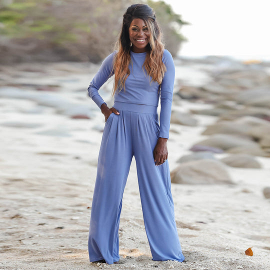 Damen Lässiger Wide-Leg Jumpsuit mit langen Ärmeln und praktischen Taschen EB