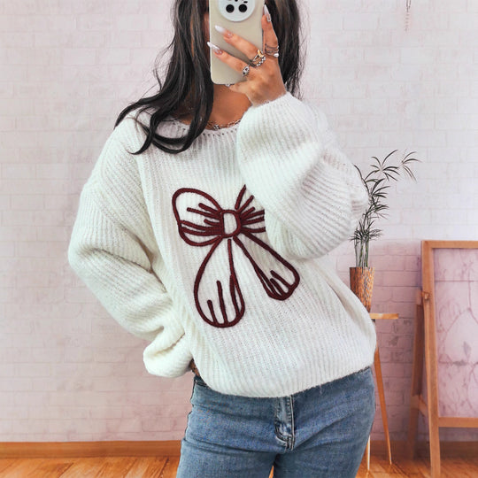 Damen Grobstrickpullover mit verspieltem Schleifenmotiv EB