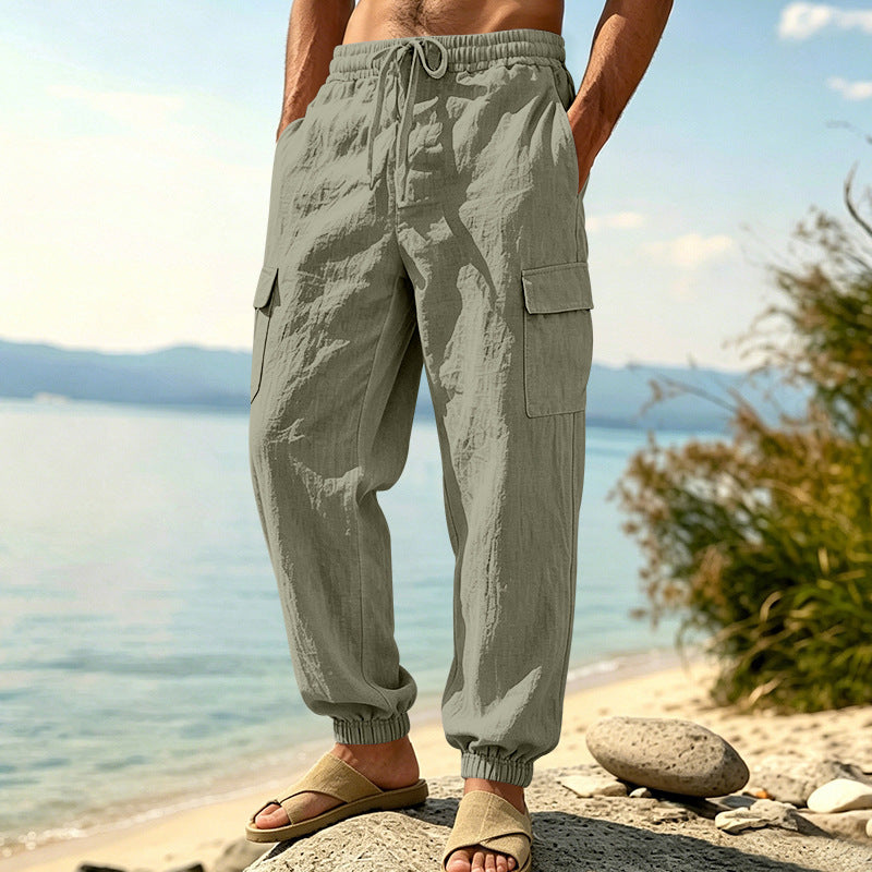 Herren nan leichte Cargo-Joggerhose aus Leinenmischung mit elastischem Tunnelzugbund, aufgesetzten Klappentaschen und gerippten Beinabschlüssen EB