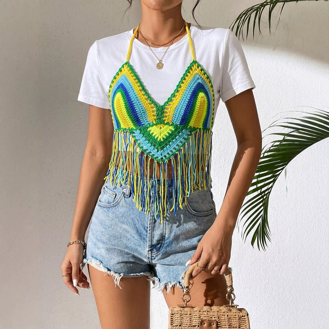 Damen gehäkeltes Crop-Top mit Fransen EB