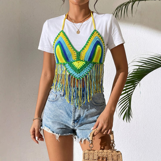 Damen gehäkeltes Crop-Top mit Fransen EB