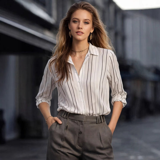 Damen Langarm-Bluse mit feinen Streifen und klassischem Kragen EB