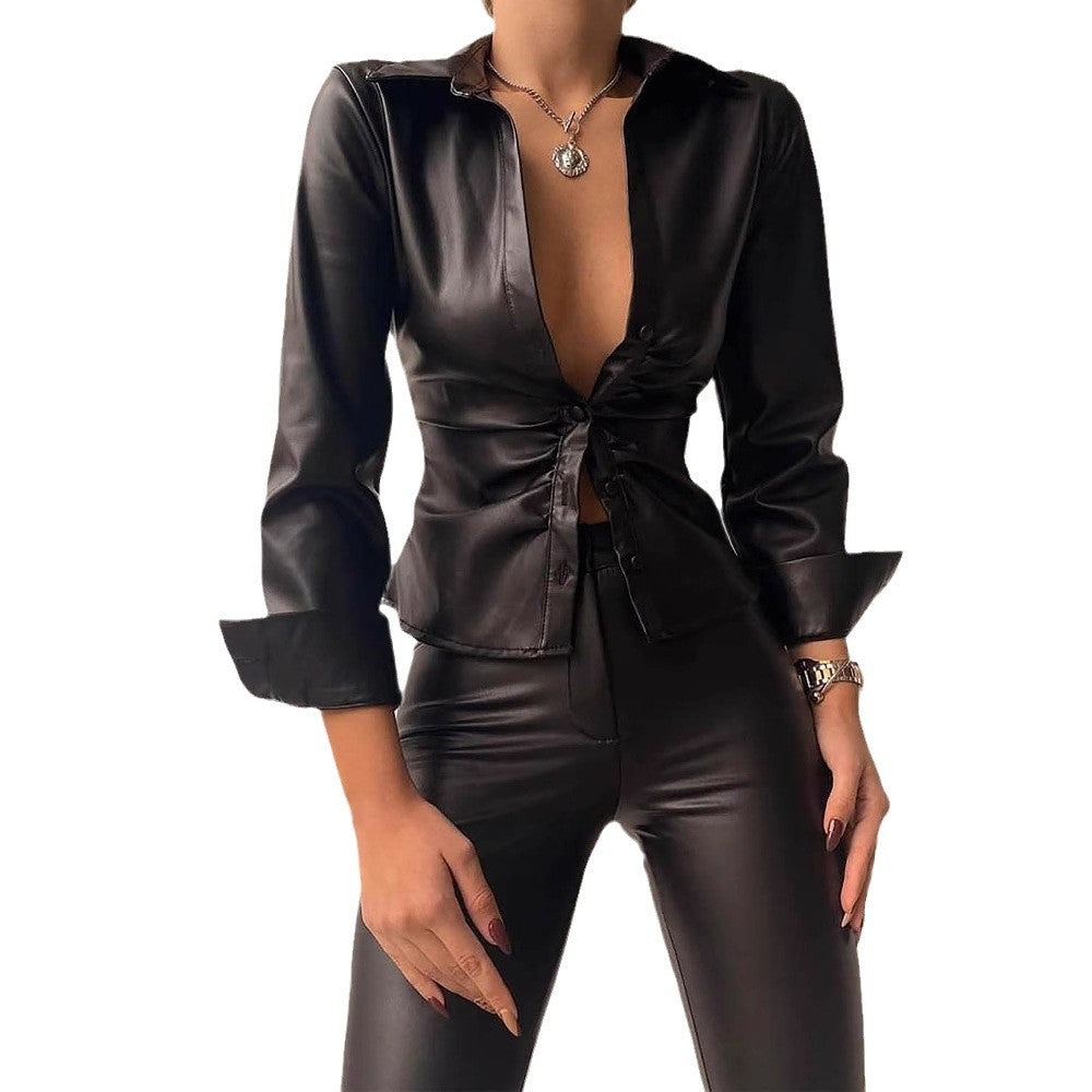 Damen Elegantes Kunstleder-Oberteil mit tiefem V-Ausschnitt und tailliertem Schnitt EB
