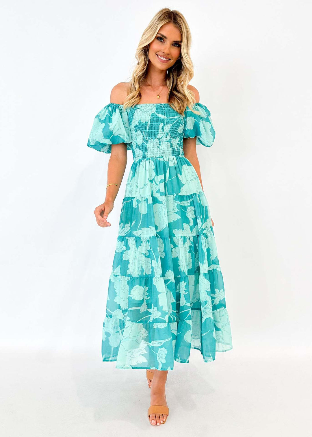 Damen Maxikleid mit elastischem Bustier und voluminösen Puffärmeln EB