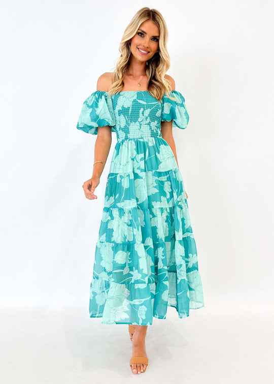 Damen Maxikleid mit elastischem Bustier und voluminösen Puffärmeln EB
