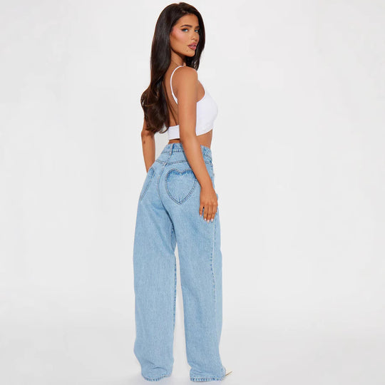 Damen nan hochgeschnittene Weitbein-Jeans mit taillierendem Bund, klassischem Five‑Pocket‑Schnitt und fließendem Bein EB