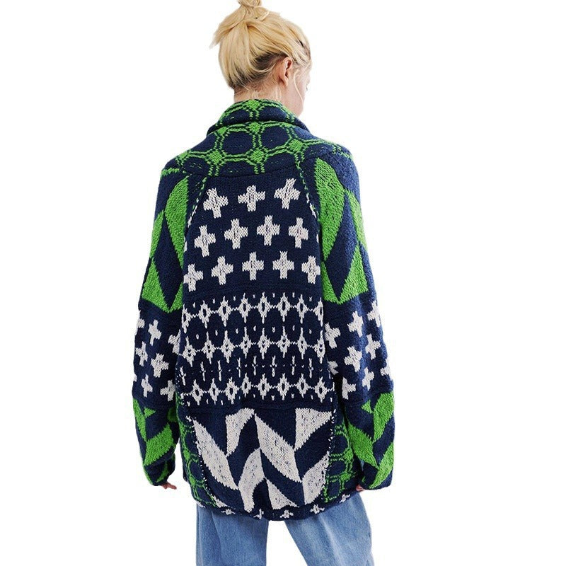 Damen Oversized Strickjacke mit Schalkragen und grafischem Muster EB