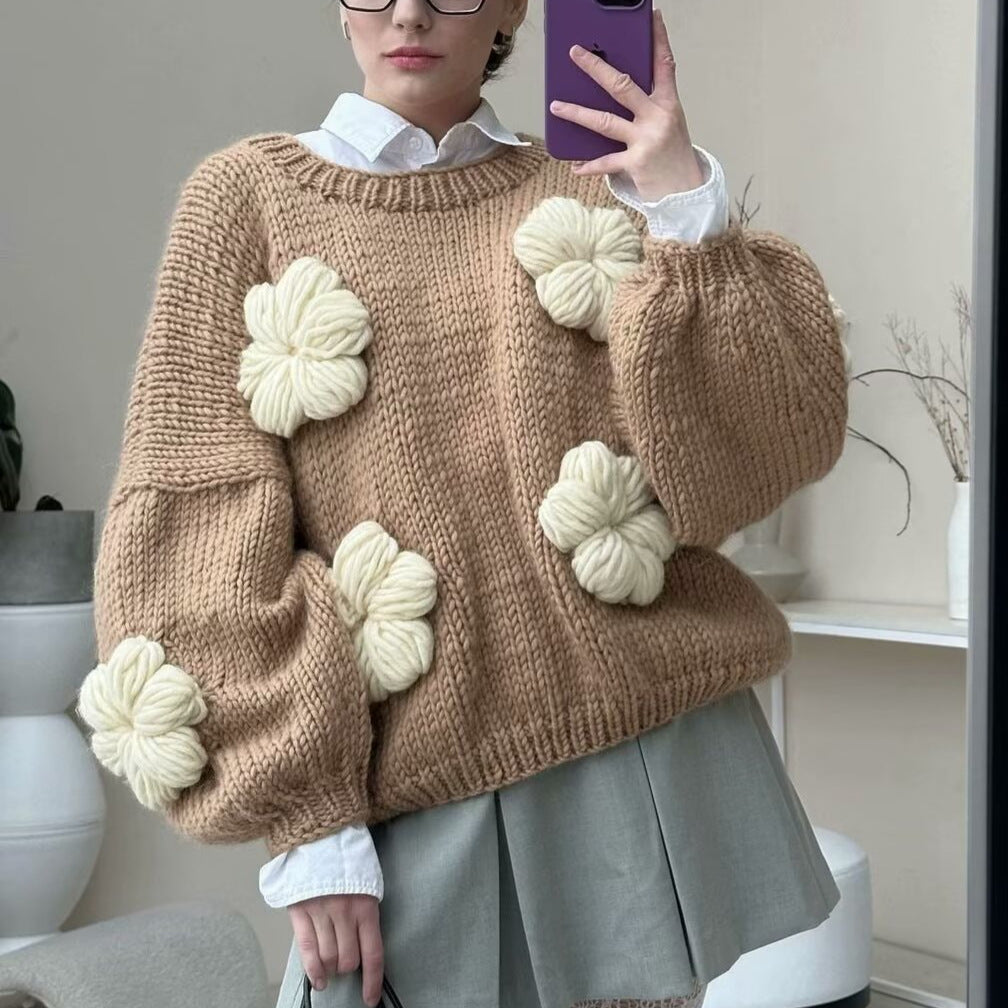 Damen gepunkteter Strickpullover mit voluminösen Ärmeln und floralem Design EB