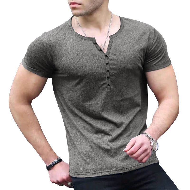Herren Kurzarm-Henley-T-Shirt mit Knopfleiste und weichem Baumwollmaterial EB