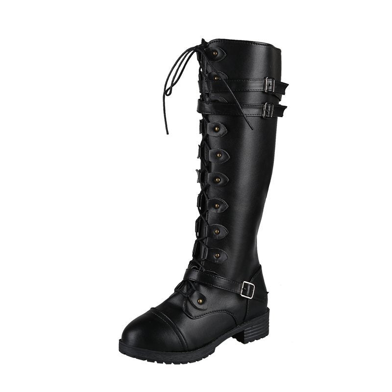 Damen  kniehohe Schnürstiefel mit seitlichem Reißverschluss, verstellbaren Zierriemen und profilierter Gummisohle EB
