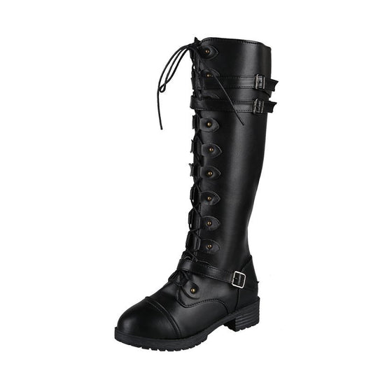 Damen  kniehohe Schnürstiefel mit seitlichem Reißverschluss, verstellbaren Zierriemen und profilierter Gummisohle EB