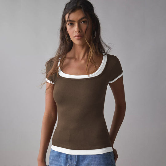 Damen Figurbetontes Rippoberteil mit tiefem Rundhalsausschnitt und dekorativen Kontrastdetails EB