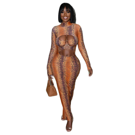 Damen Maxikleid mit elegantem Schlangenhautmuster und hoch geschlossenem Kragen EB