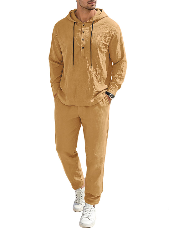 Herren nan entspannter Kapuzen-Henley Freizeitanzug aus leichter Baumwollmischung in Leinenoptik mit Kordelzug und elastischer Bundhose EB