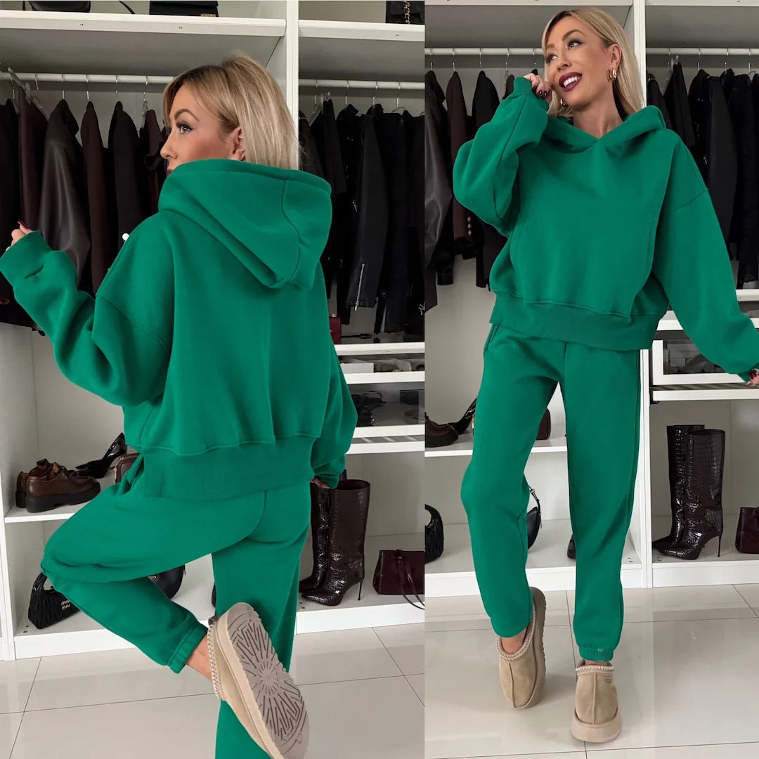 Damen Kurzgeschnittenes Kapuzen-Hoodie und High‑Waist Jogginghose Set aus weichem French-Terry EB