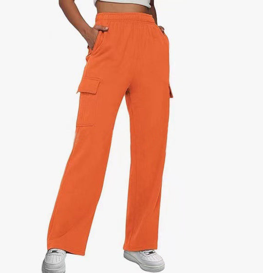 Damen nan lässige Cargo-Freizeithose mit weitem Bein elastischem Bund und aufgesetzten Taschen EB