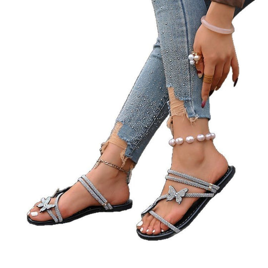 Damen Sandalen mit funkelnden Blütenapplikationen und eleganter Riemenkonstruktion EB