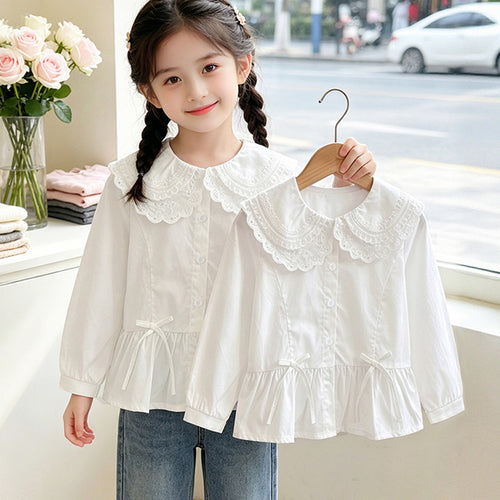 Mädchen elegante Bluse mit Spitzensaum und Rüschendetails EB