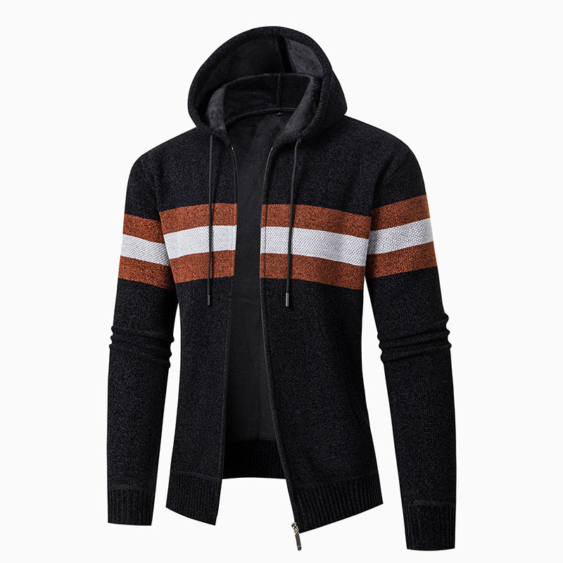 Herren lässiger Strickjacke mit Kapuze und Kontraststreifen EB