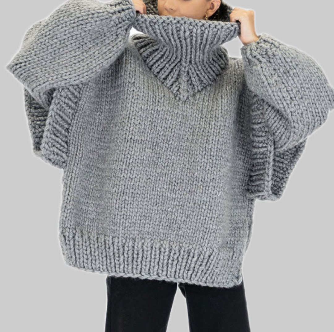 Damen Lockerer Strickpullover mit voluminösen Ärmeln und hohem Kragen EB