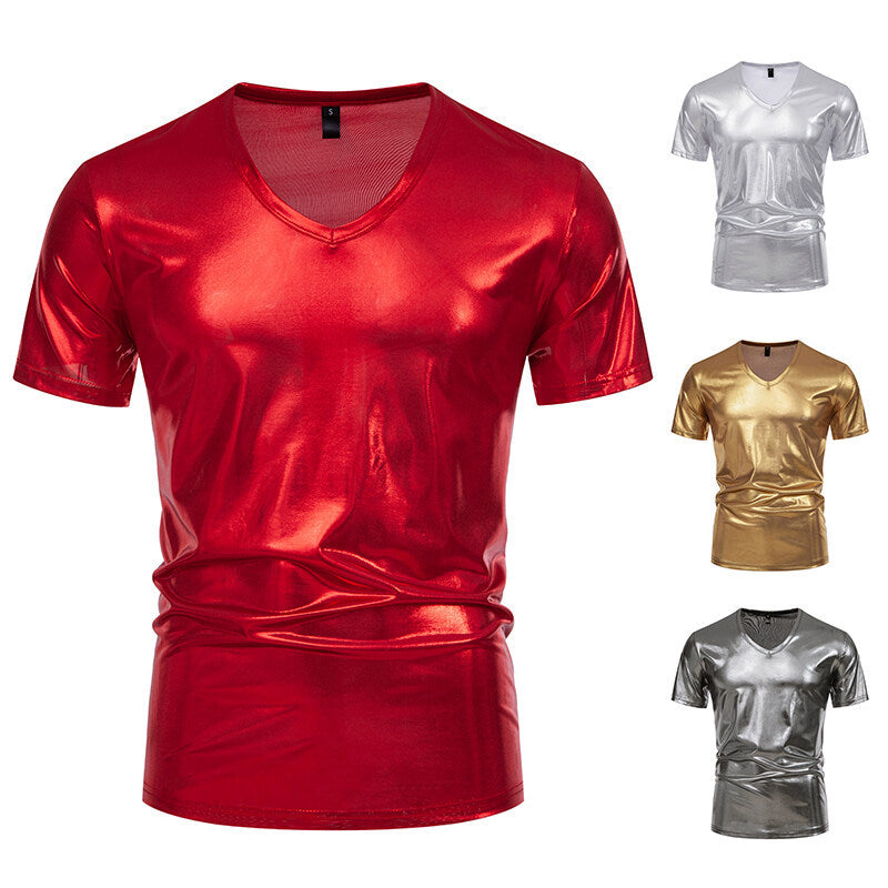 Herren V-Ausschnitt T-Shirt aus glänzendem Material mit persönlichem Stil EB