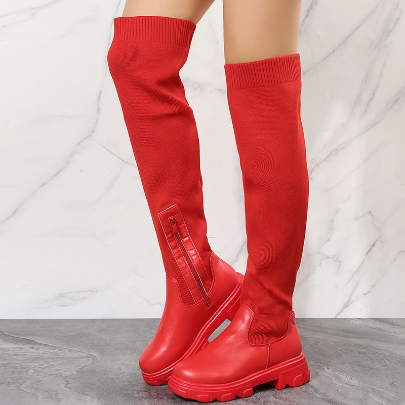 Damen Overkneestiefel mit sportlicher Sohle und modischen Strickakzenten EB