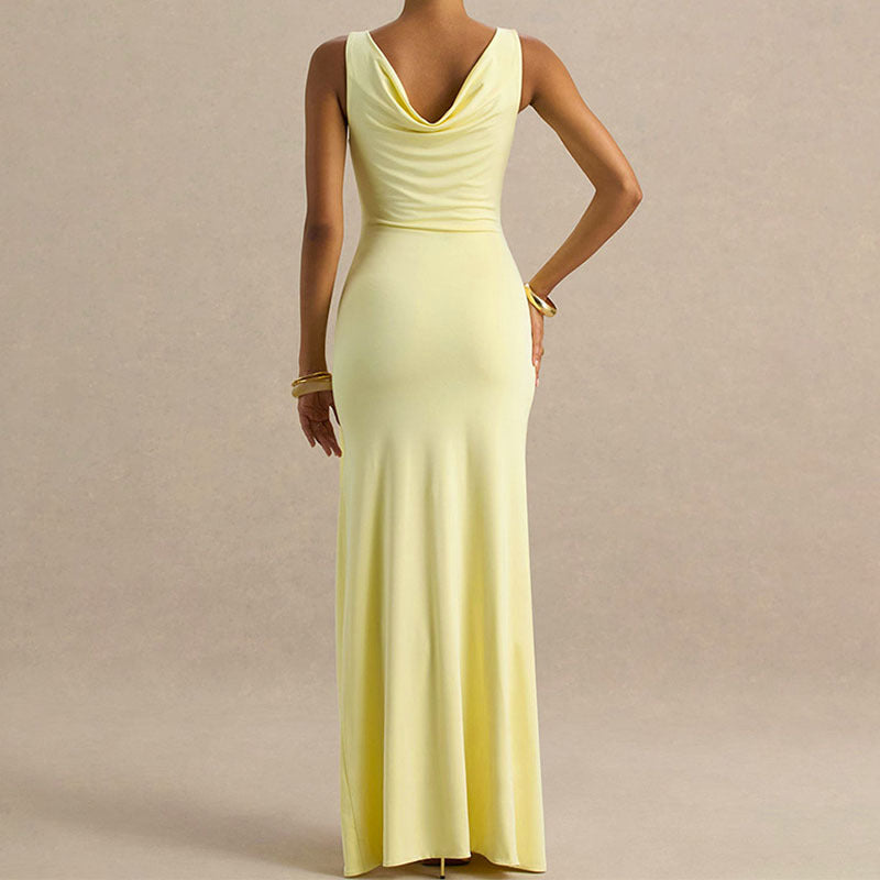 Damen Elegantes Maxikleid mit tiefem V-Ausschnitt und seitlicher Raffung EB