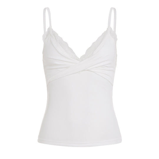 Damen Spaghetti-Top mit Spitzenborte und Wickeldesign EB