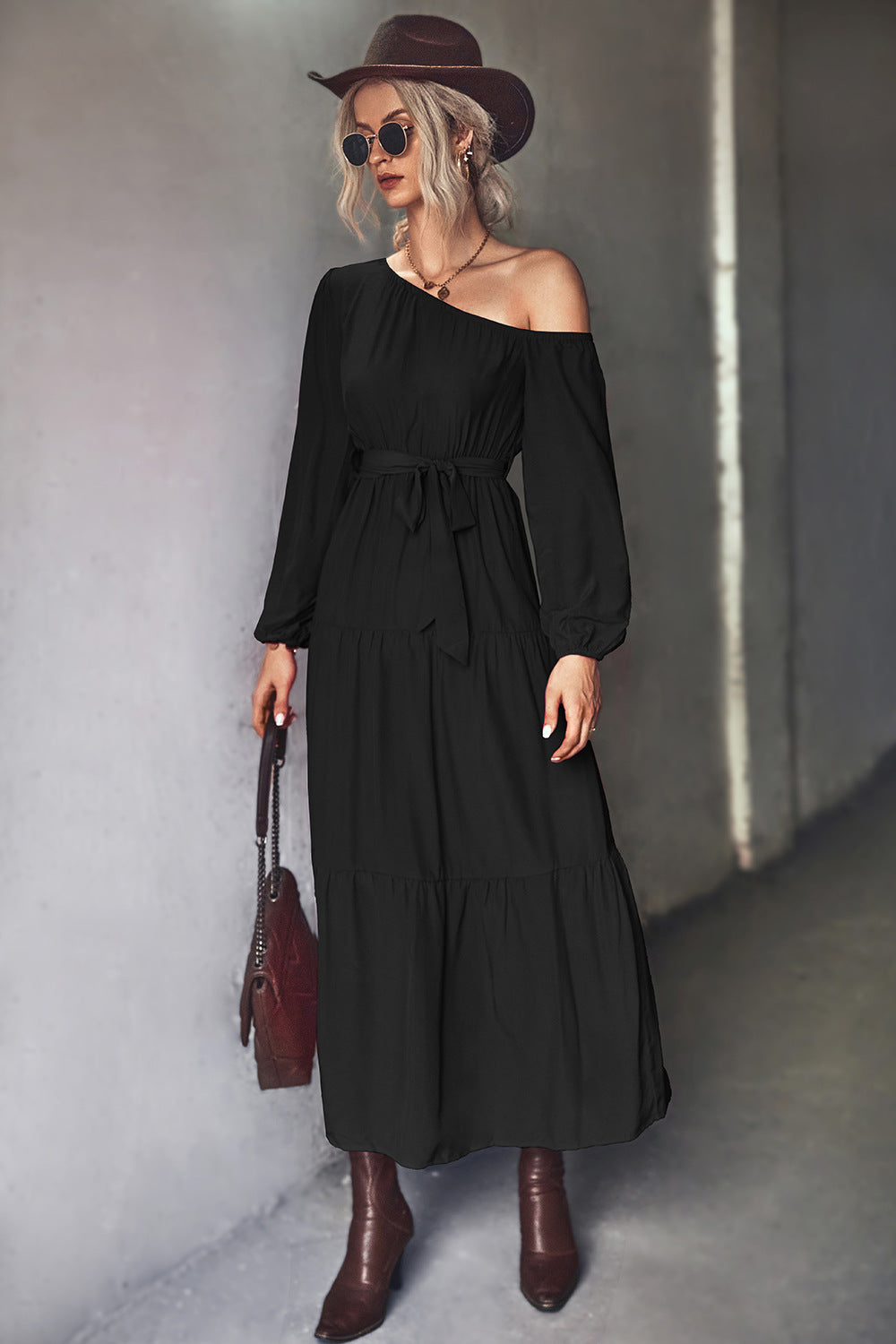 Damen Langarm Maxikleid mit asymmetrischem Schnitt und tailliertem Gürtel EB