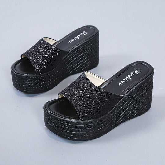 Damen Wedge-Pantoletten mit glitzerndem Obermaterial und rutschfester Sohle EB