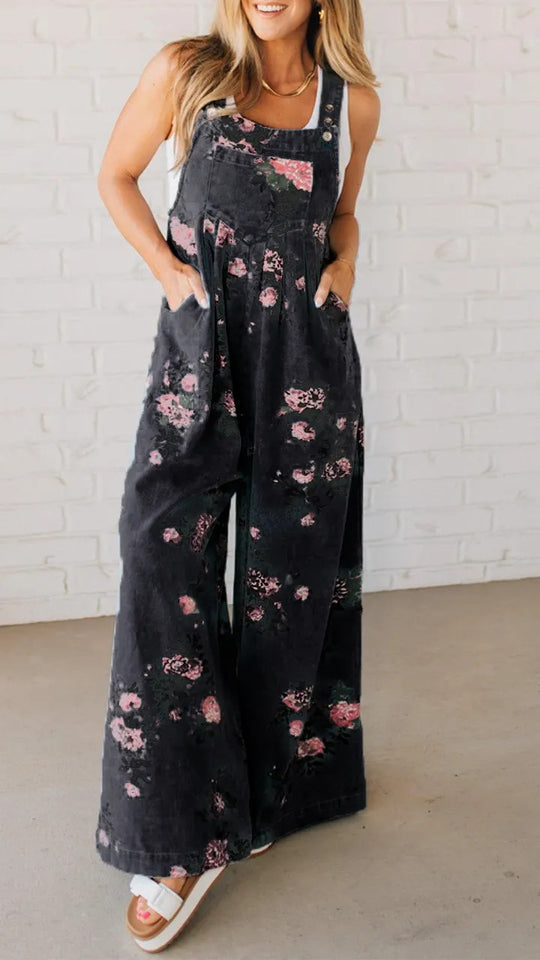 Damen Lässiger Denim-Hosenanzug mit floralem Print und weiten Beinen EB