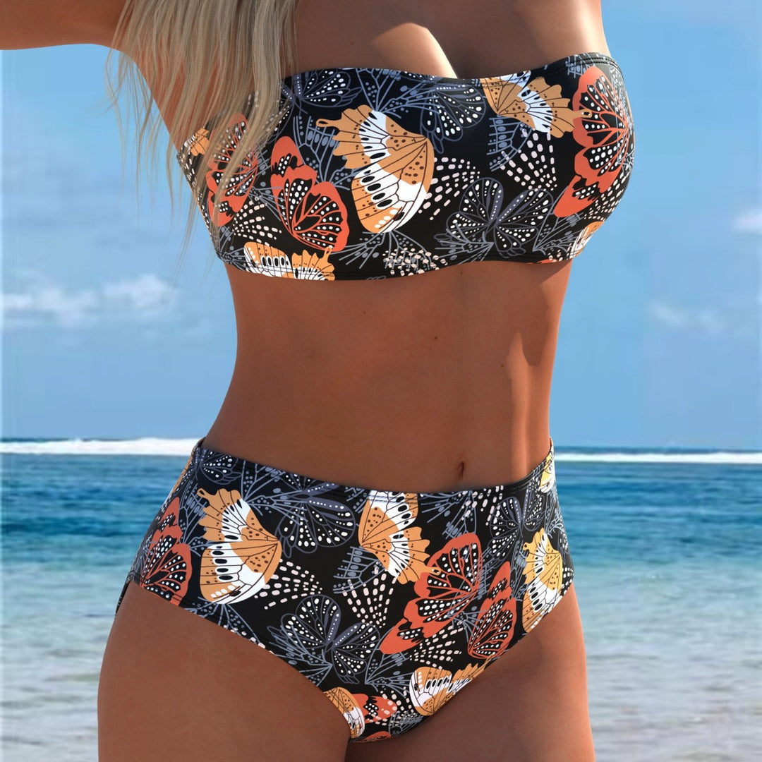 Damen Bandeau-Bikini mit hohem Taillenschnitt und kontrastierendem Blumendesign EB