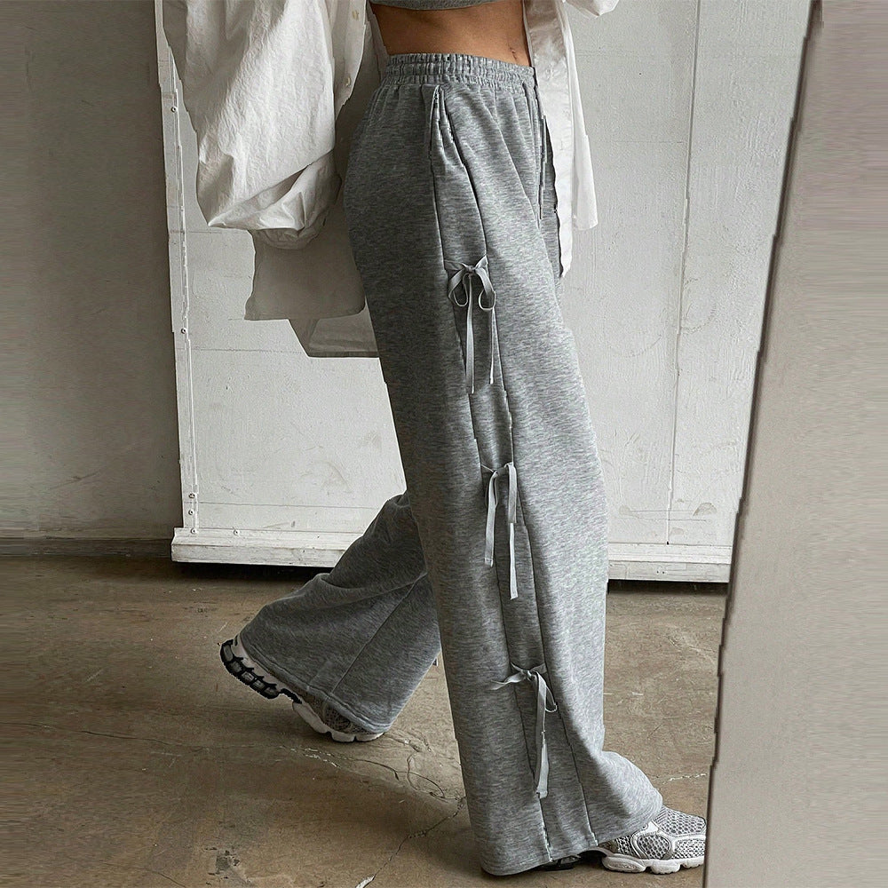 Damen lockere Wide‑Leg Loungehose mit elastischem Bund, Kordelzug und seitlichen Zierschleifen Eichborn Berlin