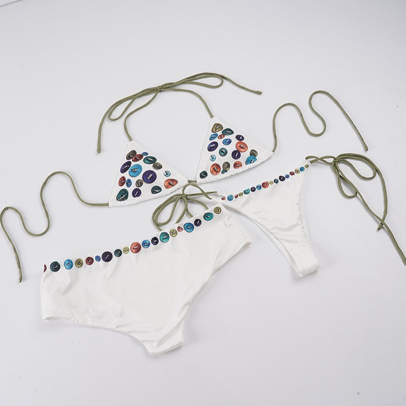 Damen Buntes Triangel-Bikini-Set mit verstellbaren Bändern und einzigartigem Motiv EB