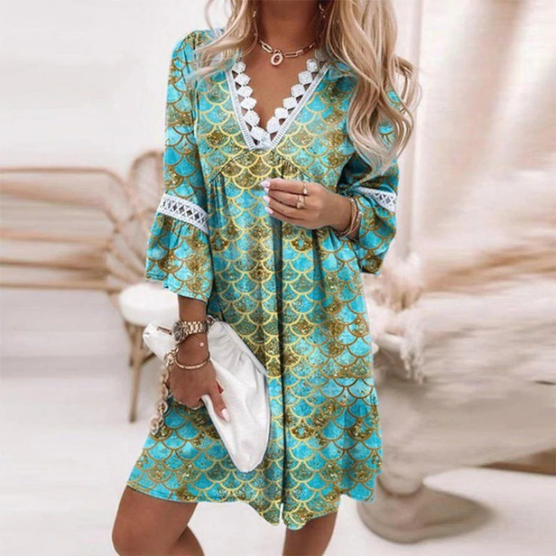 Damen Blumiges Tunika-Kleid mit Spitzenakzenten EB