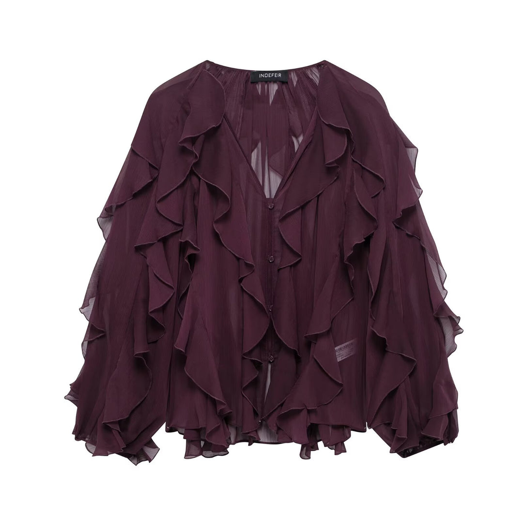 Damen nan feminine Chiffon-Volantbluse mit Ballonärmeln und V-Ausschnitt EB