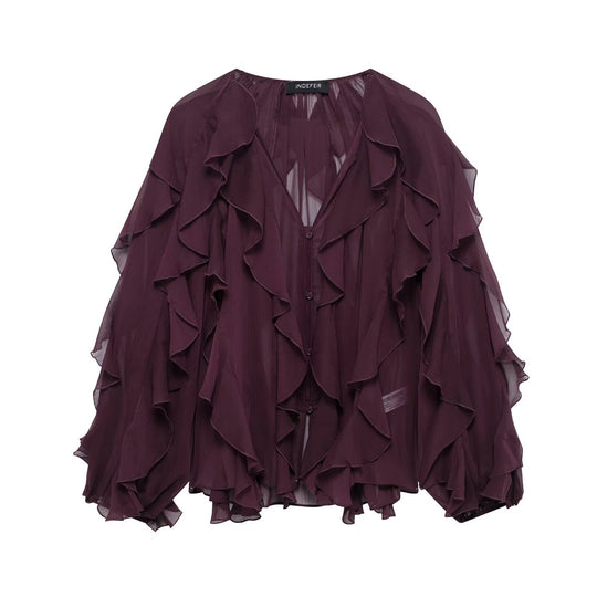 Damen nan feminine Chiffon-Volantbluse mit Ballonärmeln und V-Ausschnitt EB