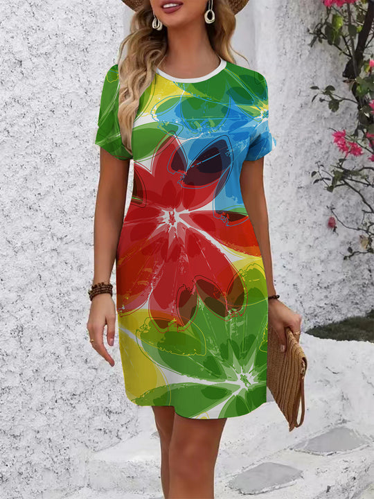 Damen komfortables Freizeitkleid mit lebhaftem Blumenmuster und lockerer Passform EB